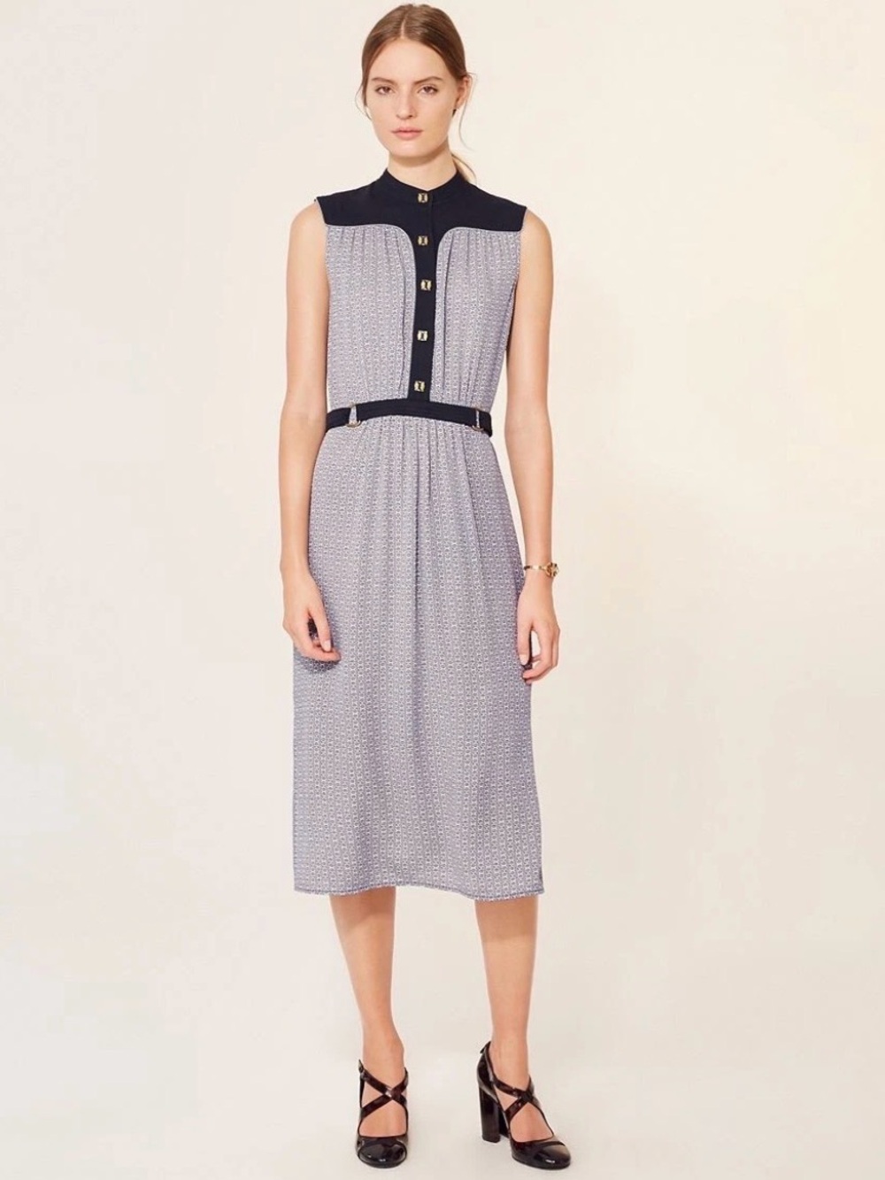 Tory Burch Rampling Silk Gemini Link Belted Midi Dress Size 6 Blue Black